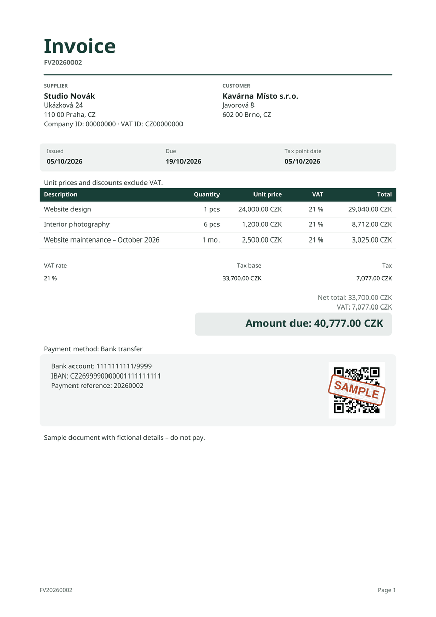 Sample invoice FV20260002 as a PDF: supplier Studio Novák, customer Kavárna Místo s.r.o., three items, a 21 % VAT summary, an amount due of 40,777.00 CZK, the fictional account 1111111111/9999 and an illustrative QR code stamped SAMPLE.