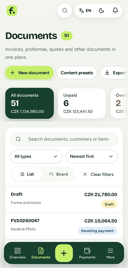 The document list on a phone with statuses and amounts.