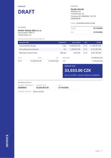 A sample invoice in the design Colour Block.