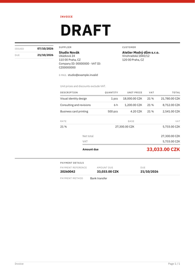 A sample invoice in the design Swiss Grid.