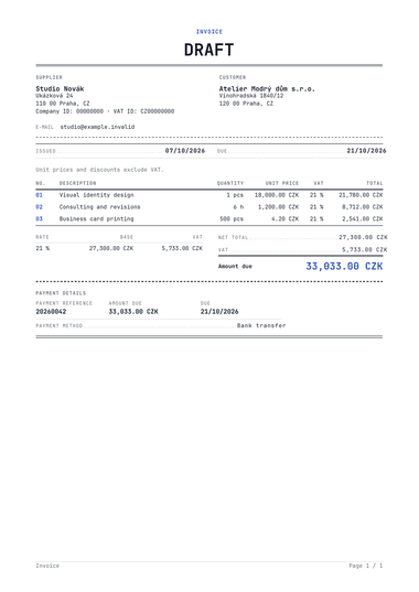A sample invoice in the design Technical.